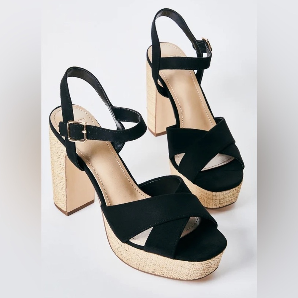 JUSTFAB Tina Crossover Platform Sandal Black Chunky Block Heel Shoes Size 10 New - Picture 2 of 7